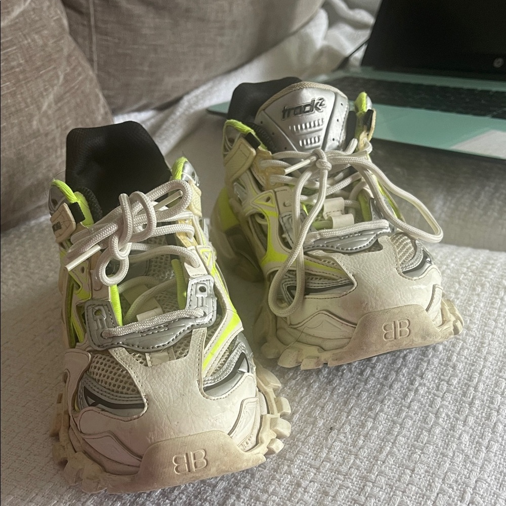 Balenciaga women’s White Sneakers with Neon Yellow Accents